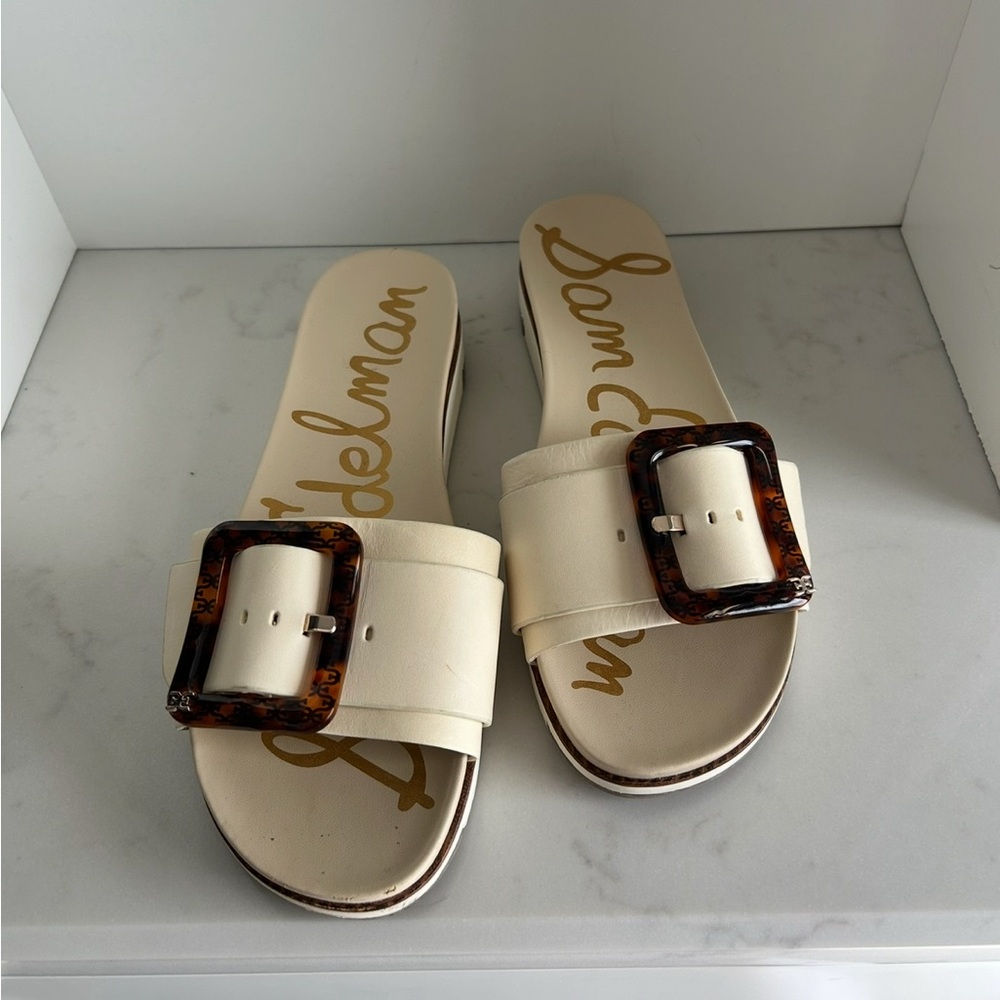 Sam Edelman Cream Slide Sandals with Tortoiseshell Buckles - Picture 2 of 4